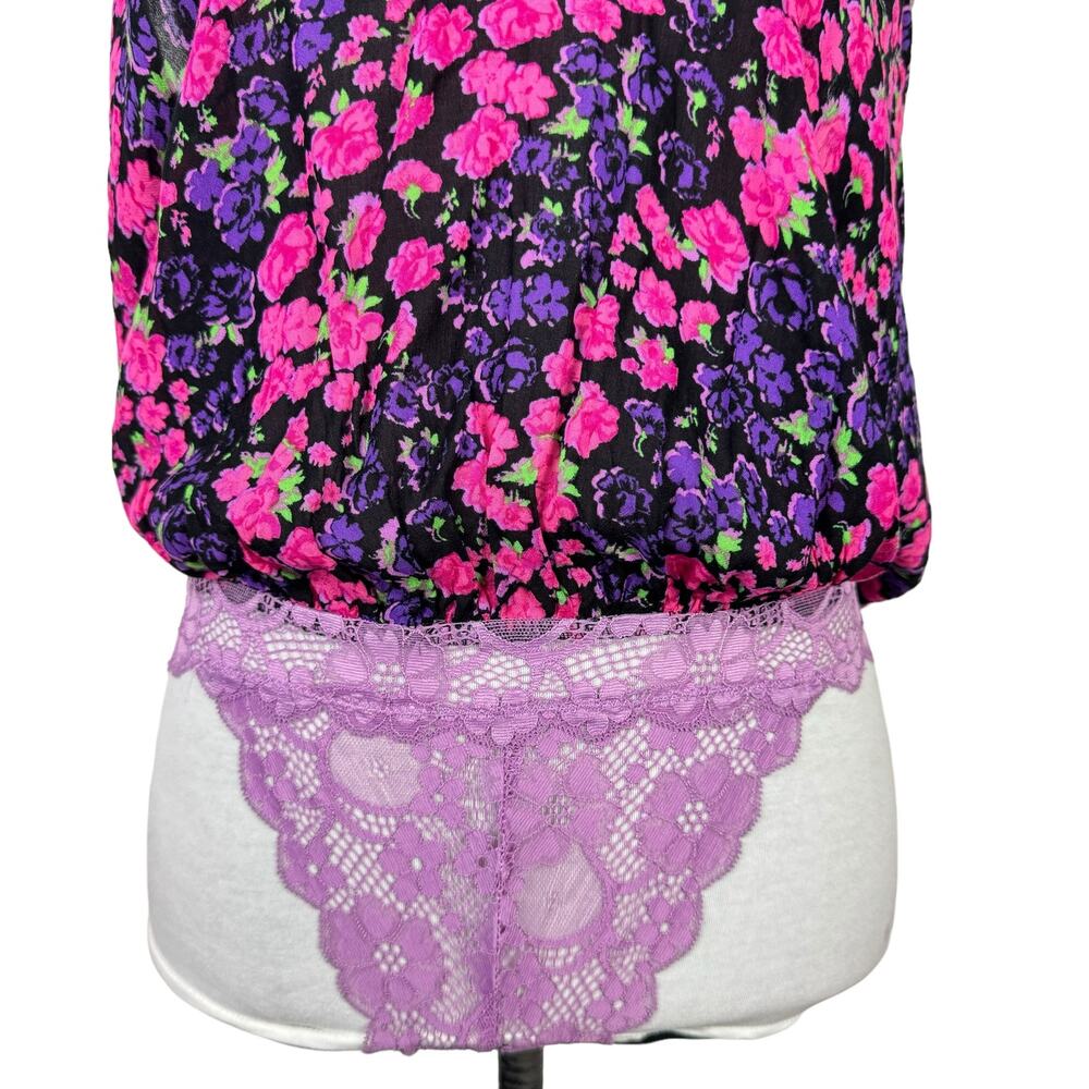 Free People | NWT Bare It All Purple Pink Floral Shoulder Tie Lace Tank Bodysuit - Picture 7 of 14